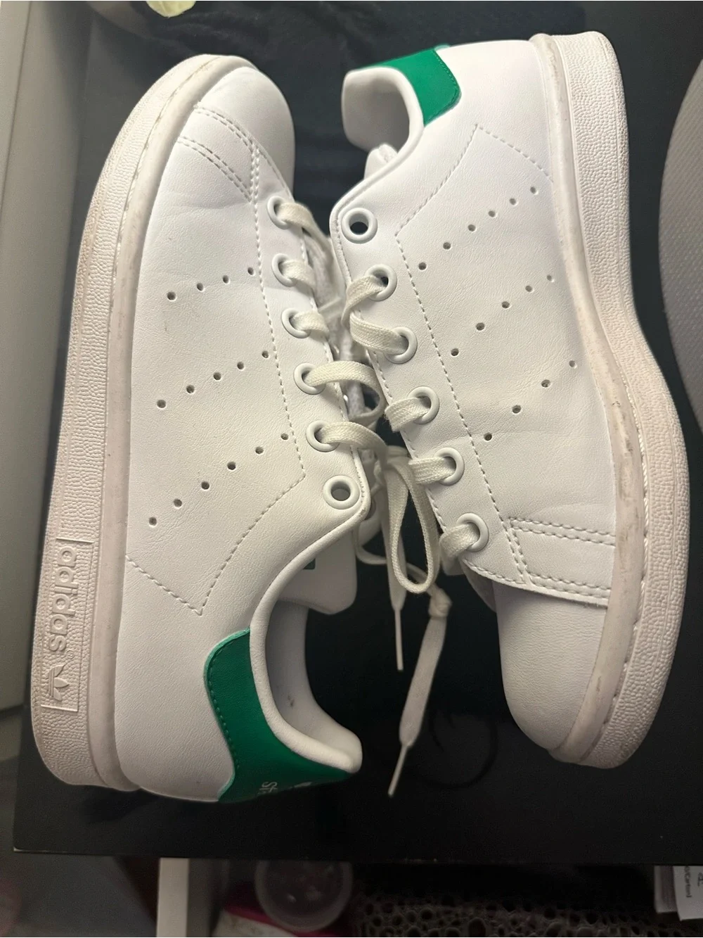 adidas Kids White Leather Sneakers with Green Heel Tab